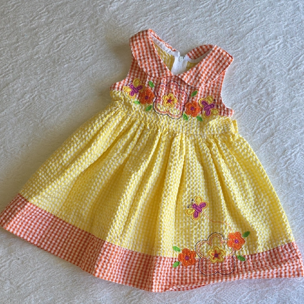 Good Lad Vintage Dress Yellow & Orange Gingham W/ Floral Embroidery - 12 Months